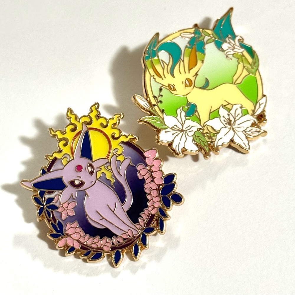 Beautiful Espeon and Leafeon Pokemon Eevee Evolutions Enamel Pin Brooch Bundle